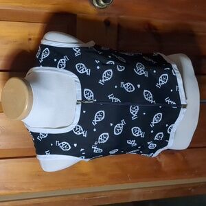 GILANI* lined zip front fish print white trimmed crop top/vest style top size 16